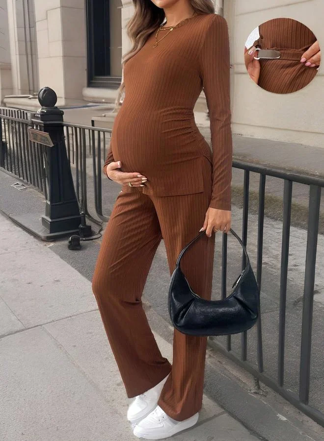 Take Two  Women Round Neck Top and Adjustable Elastic Pants Maternity Set for Women | Best Price UAE